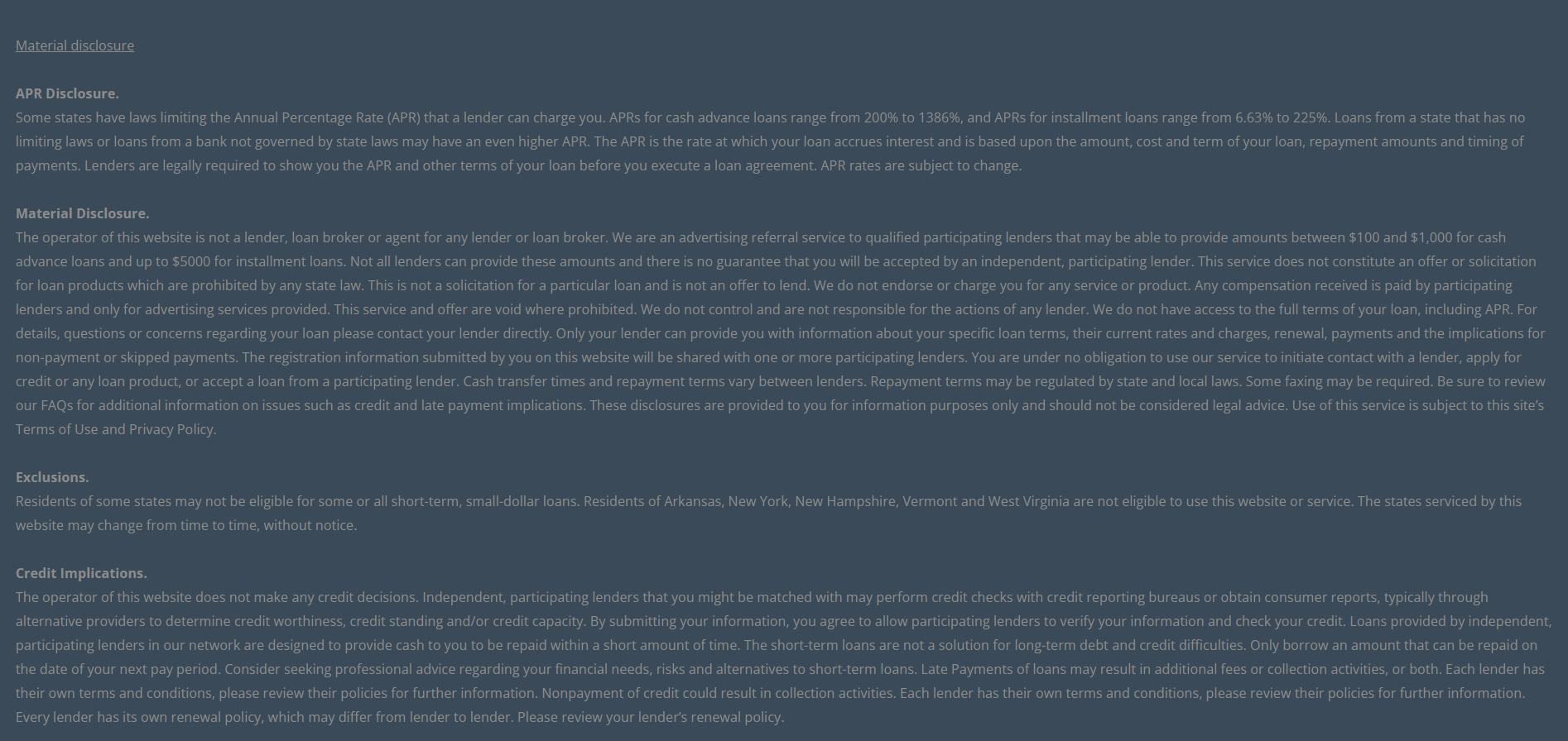 Material disclosure for payday loans in Concord California